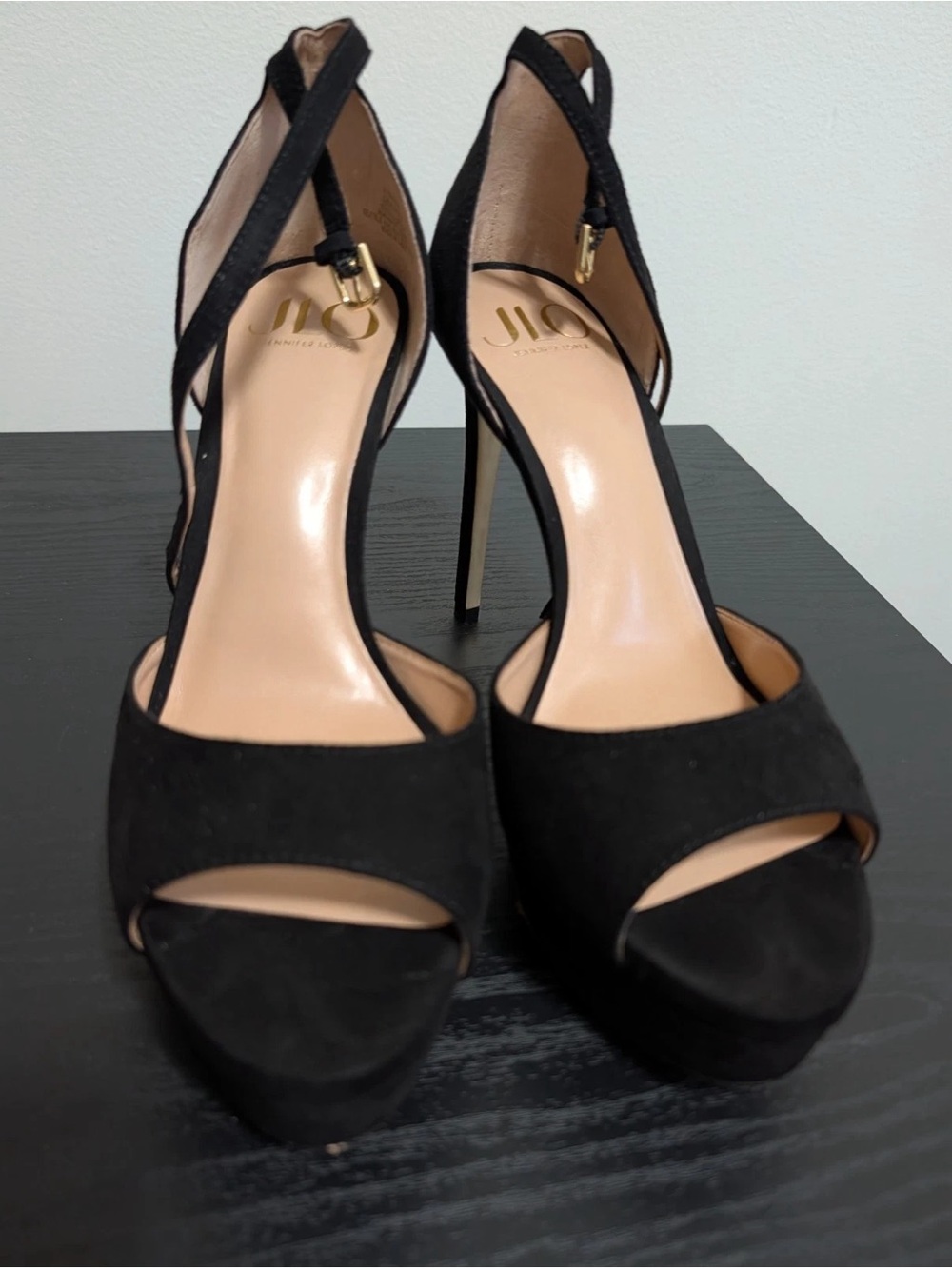 JLO Jennifer Lopez Black Suede Crisscross Platform Heels - Picture 2 of 7